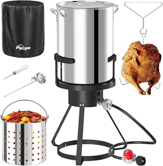 30QT Outdoor Turkey Fryer Set | Stainless Steel | Cover & Basket Included | 50,000BTU Propane Gas Burner | Seafood Boil Pot | Perfect Outdoor Cooker for Turkey, Crawfish, Crab, Shrimp & Lobster