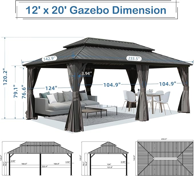 Domi Hardtop Gazebo 12x20FT, Aluminum Outdoor Gazebo with Galvanized Steel Double Roof Canopy, Curtains and Netting Included, Metal Gazebo Permanent Pavilion for Patio, Lawn, Garden, Gray