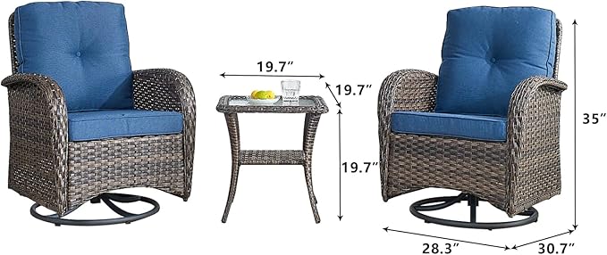 HUMMUH Outdoor Swivel Chairs,3 Pieces Patio Furniture Set with 360 Degree Wicker Swivel Rocking Chairs and Side Table for Garden,Porch,Backyard (Brown/Blue)