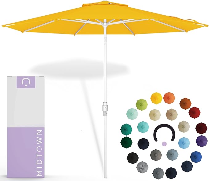 Midtown Umbrellas The Swilt 10 Feet Patio Umbrella in Sunbrella Yellow Acrylic Fabric - Fiberglass Ribs, Auto-Tilt Aluminum Frame For Backyard, Deck, Garden, Pool - White Pole