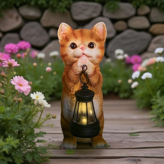 Solar Cat Garden Statue - Adorable Orange Tabby Figurine with Vintage Lantern for Outdoor Decor