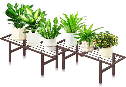 2 Pack Metal Plant Stand Outdoor Indoor, 1 Tier Folding Tiered Corner Flower Display Holder Shelf, Stackable Heavy Duty Multiple Plant Rack for Windowsills Patios Balconies, Brown