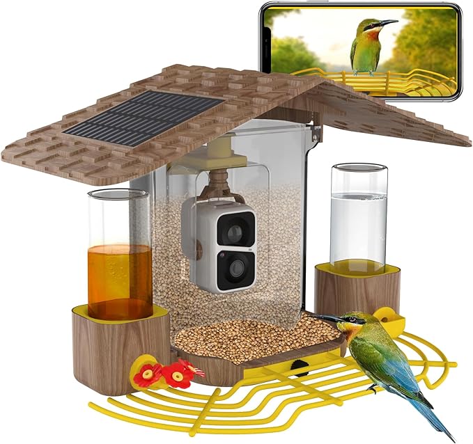 GUTINNEEN Smart Bird Feeder with Camera, High Resolution AI Camera for Wild Bird Identification, Hummingbird Feeder with Camera Solar Powered, Wireless Camera Gift for Bird Lover (Brown), AIR106