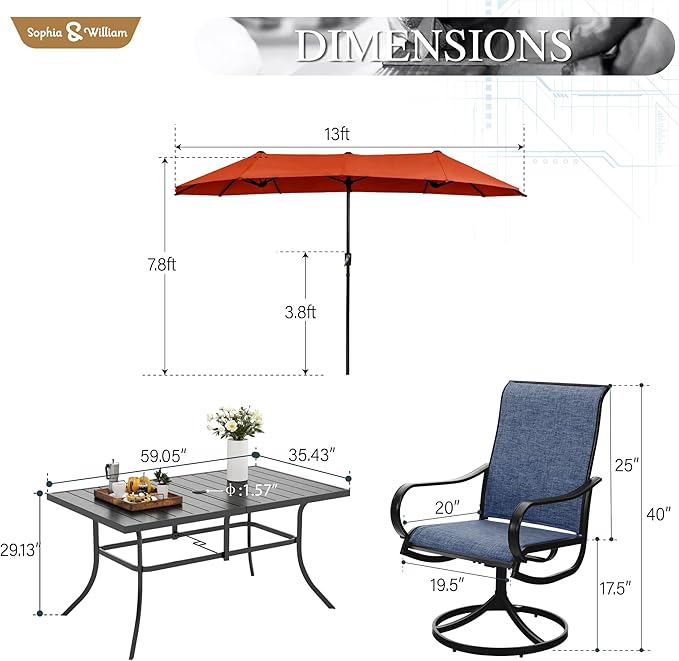 Sophia & William Patio Set with Umbrella 8 Pieces Outdoor Dining Set for 6 with 13ft Large Patio Umbrella Red, 6 x Blue Swivel Patio Chairs with 59" Dining Table for Lawn Garden