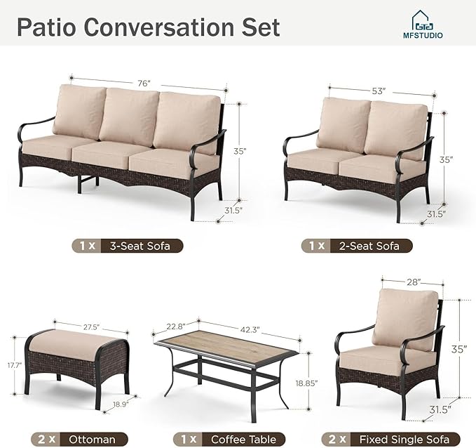 MFSTUDIO 7 PCS Outdoor Patio Furniture Set, Metal Outdoor Conversation Set, Rattan Wicker Patio Sectional with 2 x Fixed Single Sofa, 2 and 3-Seat Sofa, 2 x Ottoman, 1 x Coffee Table, Beige