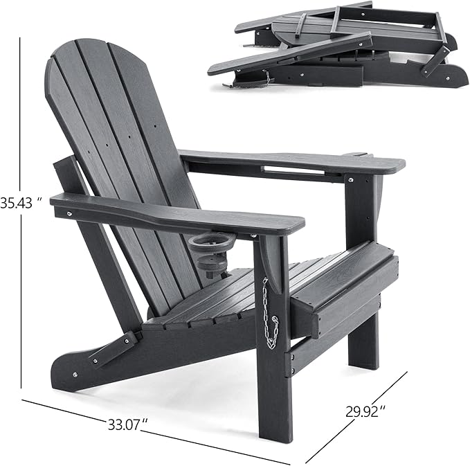 Folding Adirondack Chair, HDPE Outdoor Texture Lawn Chair with Reclining Back, Cup and Phone Holder - Comfortable Firepit Chair Weather Resistant for Patio or Backyard (Grey, Set of 4)