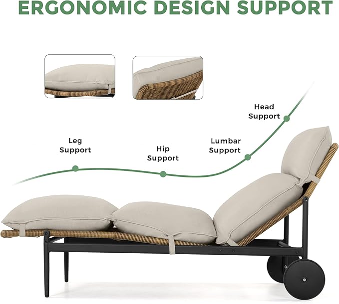 Chaise Lounge Chair Outdoor - PE Rattan Wicker Patio Pool Lounge Chair with Cushion and Wheels, Aluminum Waterproof Chaise Lounger for Poolside Backyard Deck Porch