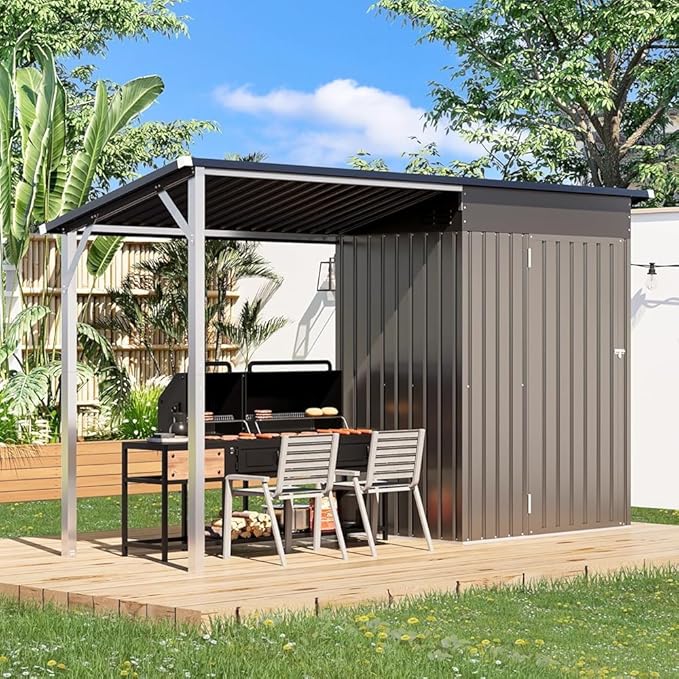 AECOJOY 10x4 Outdoor Open-Sided Storage Shed, 5x3 FT Sheds & Outdoor Storage Clearance with 5x3 Covered Porch, 30 Sq.Ft Covered, 2-in-1 Metal Small Shed with Attached Hardtop Metal Pergola Gazebo
