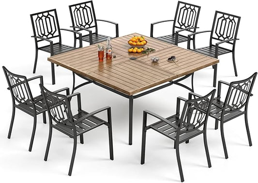 PHI VILLA 9-Piece Outdoor Dining Set, Retangualr Metal Table (60") with Umbrella Hole and 8 Stackable Dining Chairs – Perfect for Patio, Garden, Deck, Porch, and Yard, 9PCS Outdoor Dining Set Style 2