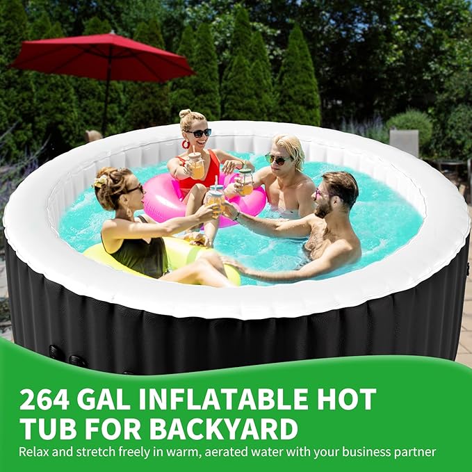 4-6 Person Inflatable Hot Tub, 264Gal Portable Blow up Hot Tub with 130 Strong Bubble Jets, Leak-Resistant PVC Round Outdoor Spa with Heater Pump and Insulated Cover, 82” X 82” X 25”