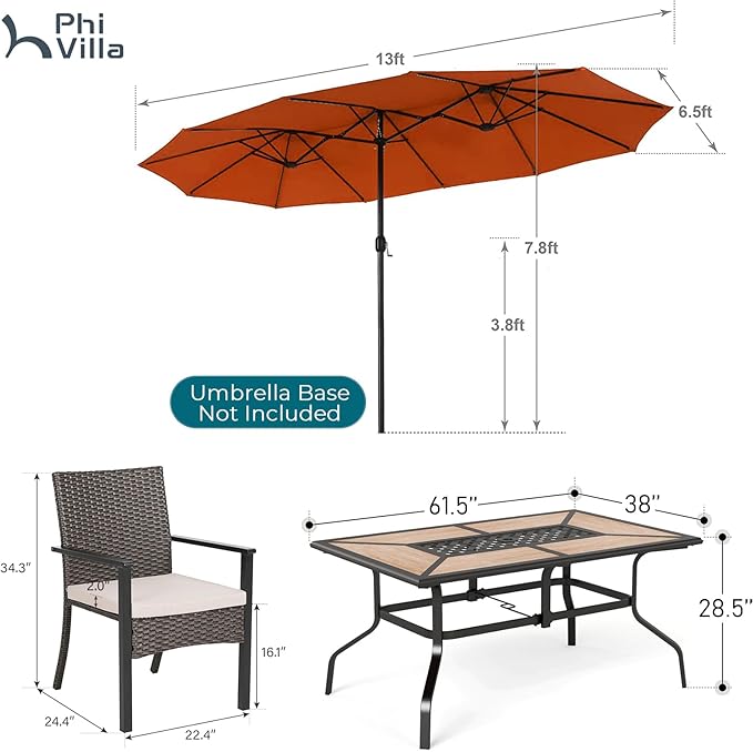 PHI VILLA 7 Pieces Outdoor Dining Set with Umbrella for 6, Rectangular Wood-Top Metal Table & Wicker Chairs with Cushions & 13ft Red Umbrella, Modern Dining Furniture Set for Patio,Deck,Backyard