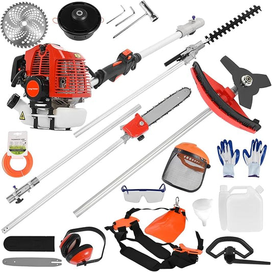 5 in 1 Weed Wacker Gas Powered, 52CC 2-Stroke String Trimmer/Edger, Pole Saw, Hedge Trimmer and Brush Cutter Blade with Extension Pole – Gas Powered Yard Tool for Landscaping Red