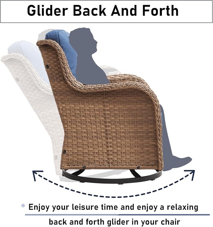 Luxury Wicker Swivel Patio Chairs Set of 3, Outdoor Swivel Rocking Chairs with Side Table, Outdoor Bistro Set for Patio, Porch, Yard, Deck, Poolside, Yellow/Blue