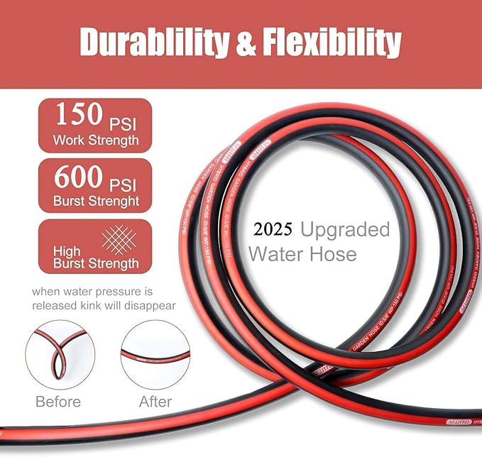 50FT Heavy Duty Flexible Garden Hose,Outdoor Water Hose 5/8Inch with 7 Pattern Spray Nozzle,No Tangle Rubber Hose Car Washing Pipe with 3/4"100% Solid Brass Fittings