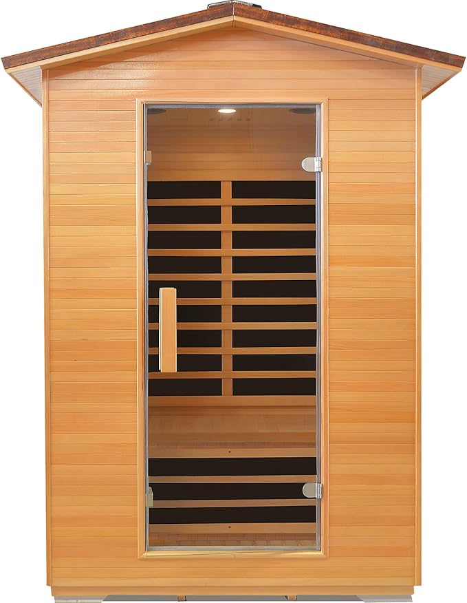 Outdoor Sauna Far Infrared Saunas Dry Sauna Room Canadian Hemlock Wood Wooden Sauna Spa 1950W Low-EMF with Cup Holder and Towel Rack for Two Person 47 * 39 * 82inch