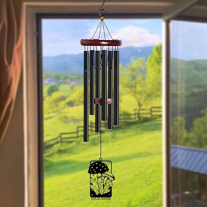 Personalized Customize Name Fantasy Mushroom Wonderland Wind Chime, Metal Iron 37 Inch Outdoor Memorial Gift for Garden Yard Patio Home Decor, Black (Style J)