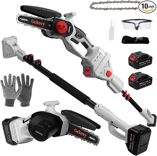 2-in-1 Electric Pole Saw for Tree Trimming, 6 Inch Cordless Mini Chainsaw with Max 15 FT Extension Pole, Battery Powered Pole Chainsaw with 2PCS 4.0 Ah Batteries, Adjustable Head for Gradening