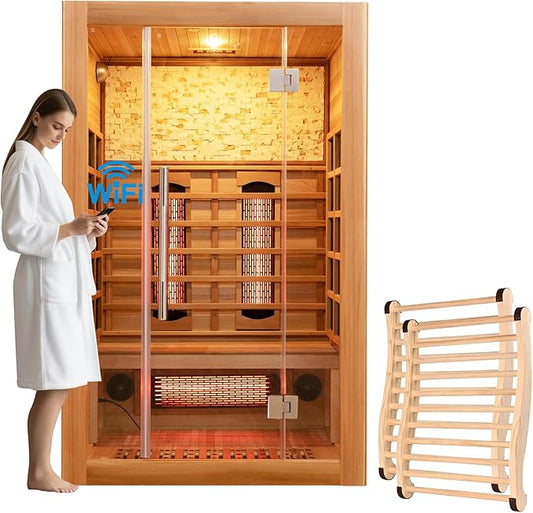 Infrared Sauna Room with WiFi Control, 2 Person Canadian Cedar Wood Indoor Saunas Spa with Red Light Therapy, Oxygen Bar, Speaker, Backrest, 1800W/220V, Ideal Sauna for Gym, Home