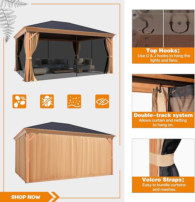 MELLCOM 12'x16' Gazebo, Wood Looking Gazebo with Aluminum Frame and Single Galvanized Steel Roof, Outdoor Permanent Metal Pavilion with Curtains and Nettings for Deck, Backyard and Patio