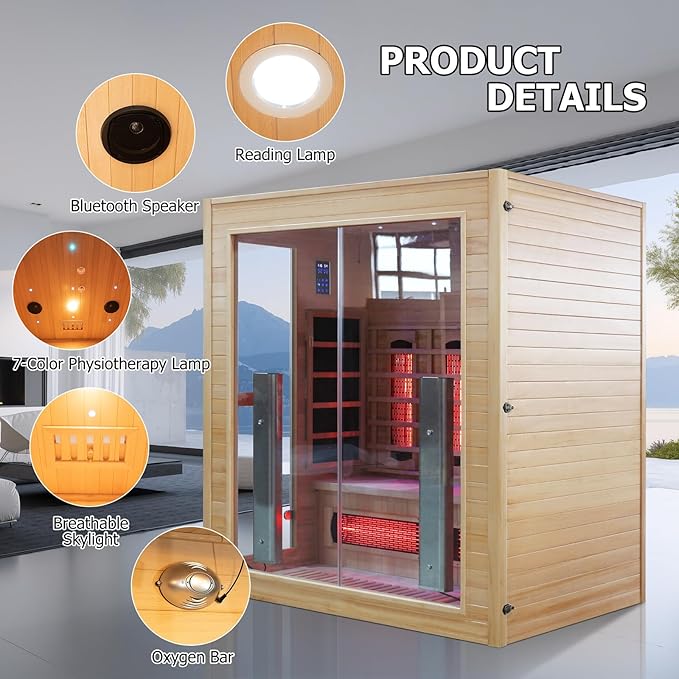 3-4 Person Hybrid WiFi Control Indoor Sauna, Far Infrared Wood Steam Sauna Room, Canadian Hemlock, Red Light Therapy, 11 Heating Elements & Electric Stove, Large Tempered Glass Door, Left Door