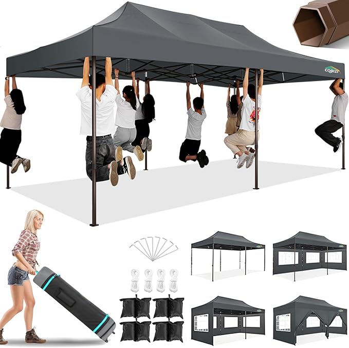 COBIZI 10x20 Pop Up Heavy Duty Canopy with 6 Sidewalls and Hexagonal Legs, Easy up Tent for Parties, Commercial and Wedding, Outdoor Canopy with Roller Bag, Sand Bags, Waterproof & UPF50+ (Gray)