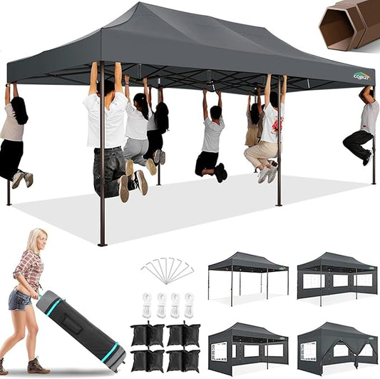 COBIZI 10x20 Pop Up Heavy Duty Canopy with 6 Sidewalls and Hexagonal Legs, Easy up Tent for Parties, Commercial and Wedding, Outdoor Canopy with Roller Bag, Sand Bags, Waterproof & UPF50+ (Gray)