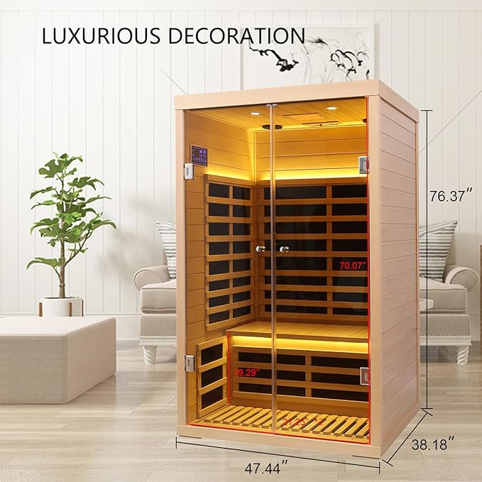 2 Person Infrared Sauna, Hemlock Wood Low EMF Far Infrared Saunas, 1780W/120V Indoor Personal Sauna Room Box with APP Control, Glass Door, Blue-Tooth, LCD, LED Reading Light, 7-Color Light Therapy