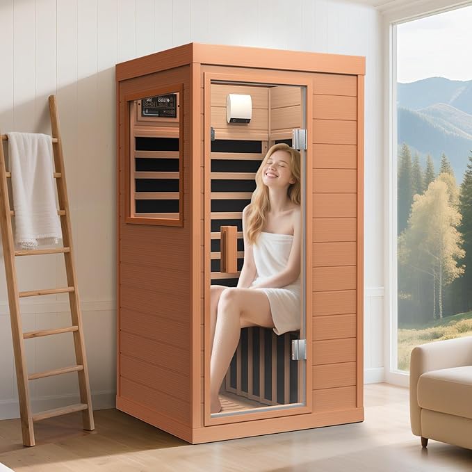 Far Infrared Sauna, Canadian Hemlock Wood Sauna Spa Room for Indoor,1062W 110V Low EMF Saunas with Control Panel and Integrated Speakers, Mini Home Sauna Room for One Person (Red Wood)