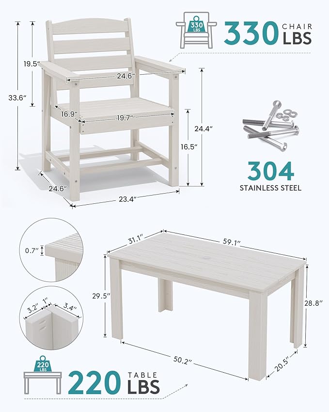 SERWALL Patio Dining Set for 6, Outdoor Dining Sets for 6 Person with 1 Umbrella Hole Cut-Out Rectangular Table and 6 Chairs, HDPE Dining Sets for Garden, Backyard, Poolside, White