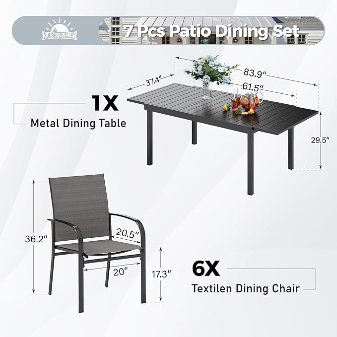 7 Piece Patio Dining Set for 6, Rectangular Metal Extendable Table with 6 Brown Dining Chairs, Patio Table and Chairs for Backyard Lawn,Deck