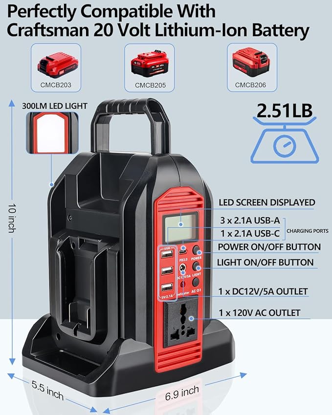 350W Power Inverter for Craftsman 20v V20 Battery, 2-Ports DC 20V to AC 110-120V Pure Sine Wave Battery Inverter with 3 USB-A Port, 1 USB-C Port,300lm LED Light for Camping Travel Emergency(Tool Only)