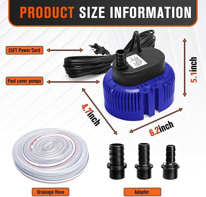 Sump Pump,Pool Cover Pump above Ground,submersible water pump Swimming Water Removal Pumps,for Swimming Pool Basement Garden Pond Tubs Draining,75W,Max Flow:850GPH,3 Adapters,25 Ft Power Cord (Blue)