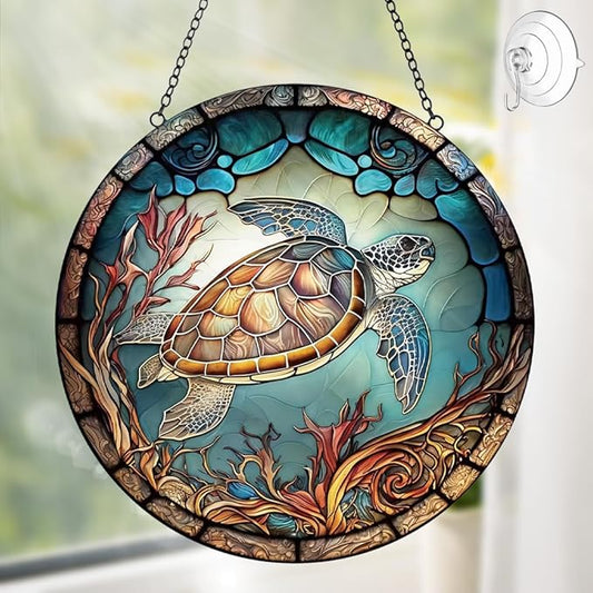 Sea Turtle Decor Suncatcher Stained Glass Window Hanging - Handmade Suncatchers for Windows with Hooks - Sea Art Glass Sun Catcher Indoor Outdoor Garden Mothers Day Birthday Gifts for Mom Grandma
