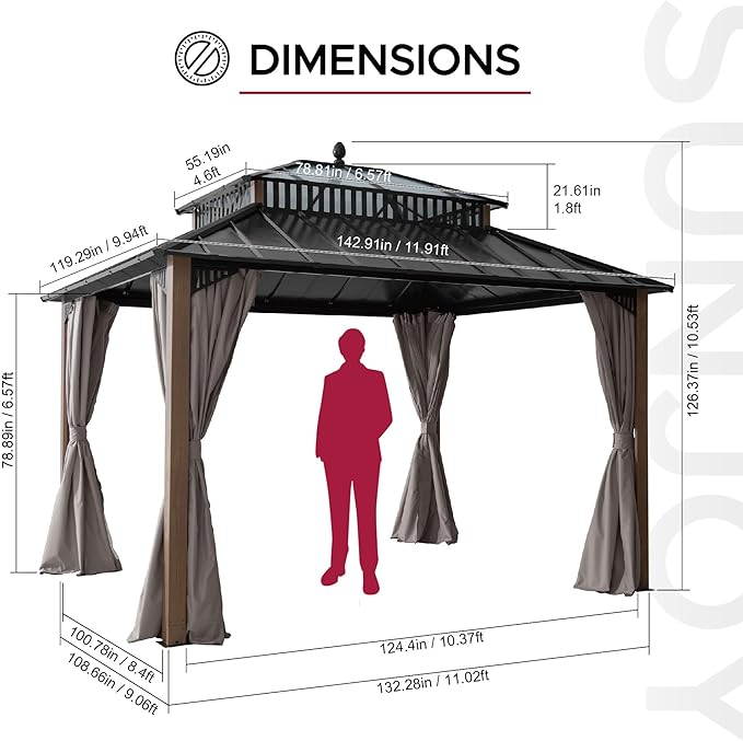 SUNJOY Kingston 12' x 10' Hardtop Gazebo with Galvanized Steel/Polycarbonate Double Roof, Curtain and Netting, Woodgrain Finish Aluminum Posts Permanent Pavilion Gazebo for Garden, Patio, Deck, Lawn