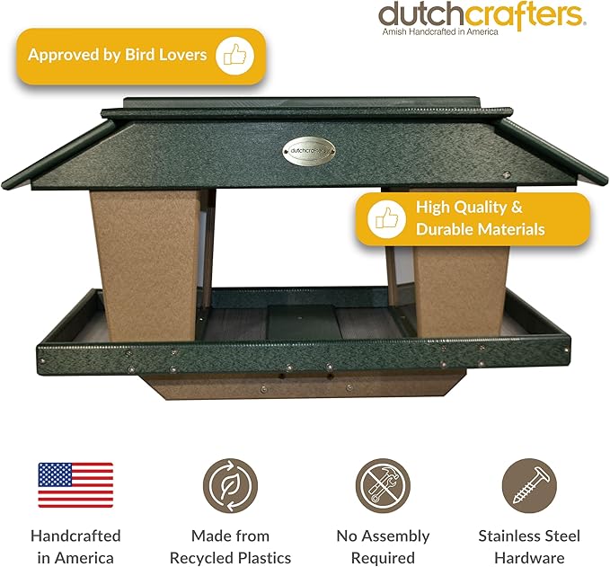 DutchCrafters Poly Post Mount Extra Large Double Hopper Bird Feeder, Outdoor Wild Bird Feeder for Outside, USA Amish Made (Turf Green & Weatherwood)