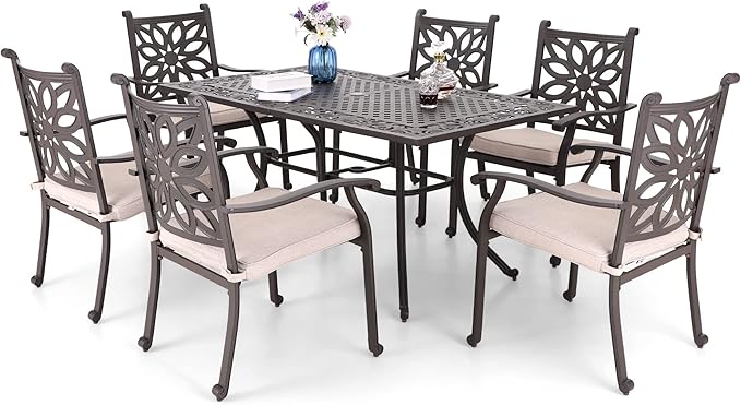 MFSTUDIO Cast Aluminum Patio Dining Set, Retro Design Outdoor Table and Chairs Set with 6×Extra Wide Dining Chair and 1×63" Rectangular Patio Table, Outdoor Dining Set of 6