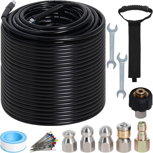 200FT Sewer Jetter Kit for Pressure Washer, 5800PSI Drain Cleaner Hose 1/4 Inch NPT Corner with 4 Sewer Jetting Nozzles，Waterproof Tape，Pearl Corsage Pin，Handle Strap & 2 Spanners (Black)