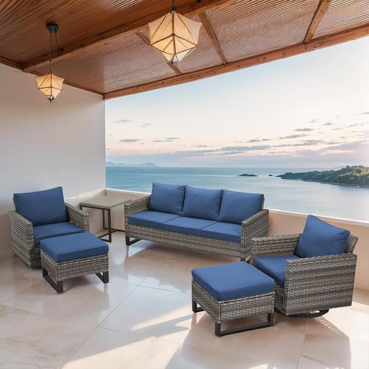 Wicker Patio Furniture Set, 6 PCS Outdoor Patio Furniture Set with Swivel Chairs, Includes 2 Swivel Patio Chairs, 1 Outdoor Couch, 1Side Table and 2 Ottoman, Grey/Blue
