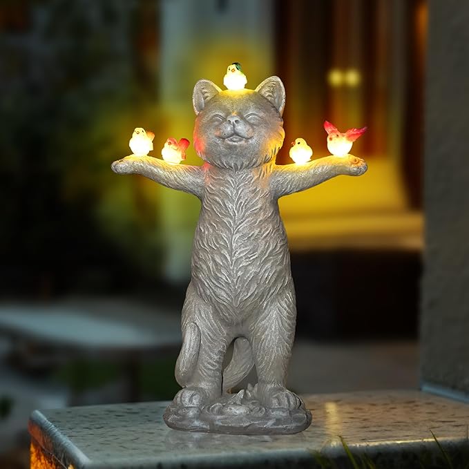 MININOVA Solar Outdoor Decorations Garden Statue Cat Figurines with Birds for Yard Patio Balcony Lawn Outside Ornaments Gifts for Women Mother Kids
