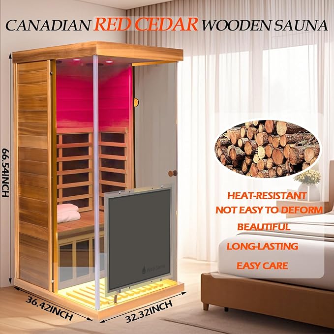 Red Cedar Dry Sauna for Home, Low EMF Far Infrared Indoor Sauna 1 Person 1100W/120V with 6 Carbon Panel Heater & LCD Control Panel & Bluetooth Audio & Chromotherapy Lights & 270° Panoramic Vision