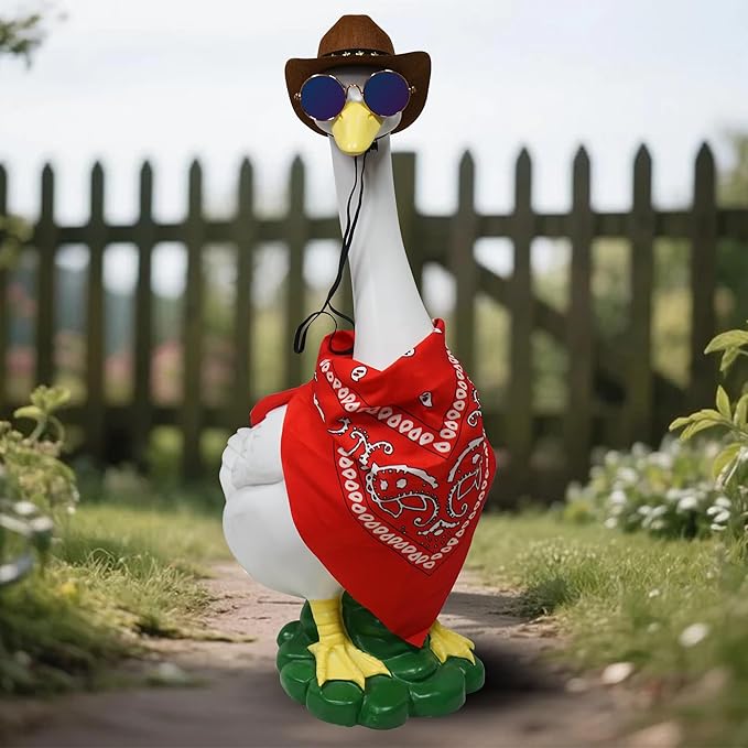 Porch Goose Statues with Outfits, 20 "Large Goose Porch Figurine Decor, Funny Porch Goose Decoration Set, Goose Outfit with Cowboy Hat and Glasses Red Scarf,for Outdoor Garden Yard Housewarming Gifts
