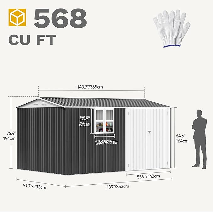 DWVO 12x8ft Metal Outdoor Storage Shed with Window, Lockable Tool Storage Sheds, Oversized Steel Garden Sheds with Sloped Roof for Backyard, Patio, Garage, Lawn, Gray & White
