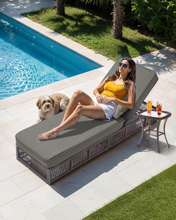Luxury 2PCS Outdoor Chaise Lounge and Side Table Set with 5 Inch Thick Cushions - High Back Brown Wicker Patio Recliners Chairs Lounger for Poolside Pool Porch Garden Sunbathing - Grey
