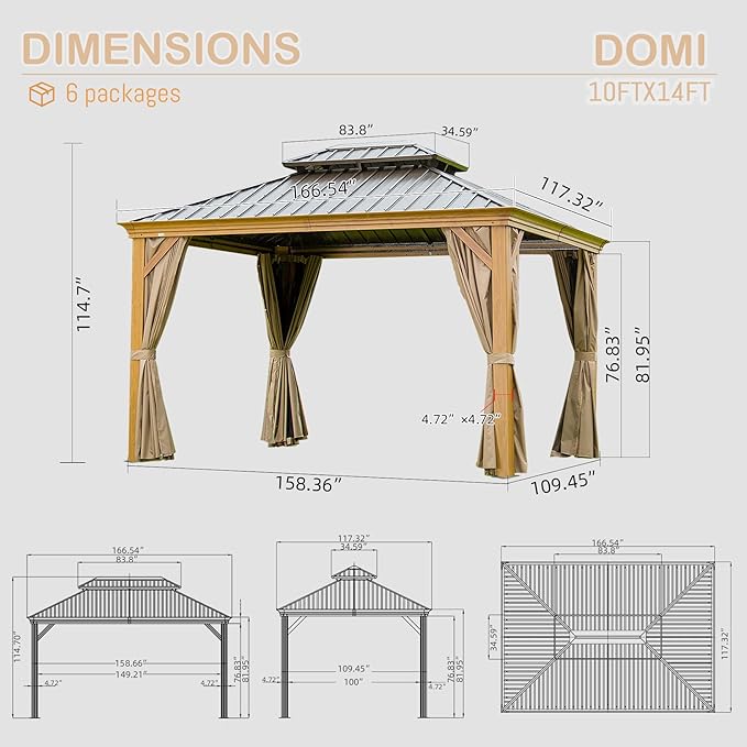 Domi 10' X 14' Hardtop Gazebo Outdoor Metal Gazebo Canopy with Galvanized Steel Double Roof, Wood Grain Aluminum Frame, Curtains and Netting for Patio, Deck, Garden