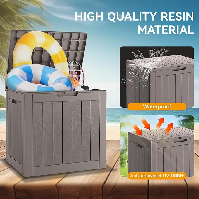 NUNU LAB Outdoor Storage Box, 32 Gallon Deck Box Indoor Outdoor Storage Bin, Waterproof Resin Patio Storage Box for Garden Tools, Package Delivery, Pool Accessories Lockable