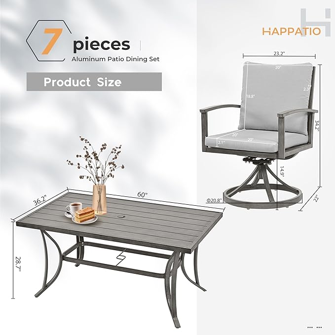 HAPPATIO 7-Piece Outdoor Dining Set - All Aluminum Patio Table and Chairs Set for 6 Includes 1 Rectangular Dining Table and 6 Swivel Dining Chairs with Cushions for Lawn, Garden, Backyard