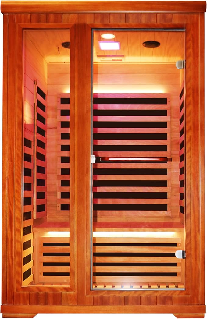 Far Infrared Home Sauna 2 Person Indoor Sauna Dry Wood Spa Room 1880W 110V with Red Light Control Panel, Bluetooth Speaker, Reading Lamp