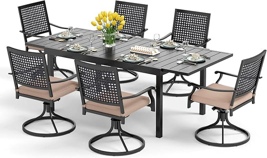 PHI VILLA Outdoor Patio Dining Table and Chairs Set of 7 Pieces Patio Furniture Set Metal Extendable Table and 6 Black Swivel Dining Chairs with Cushion for Bistro Backyard Garden