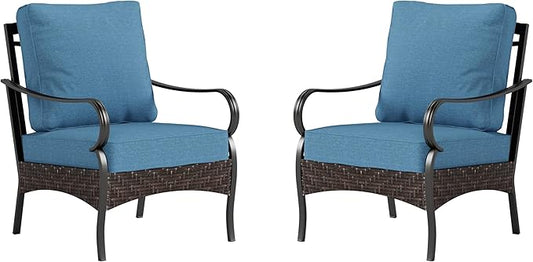 PHI VILLA Outdoor Wicker Chairs Sofa of 2, All Weather High Back Rattan Chairs 2 Seats with Comfy Cushions for Porch Deck