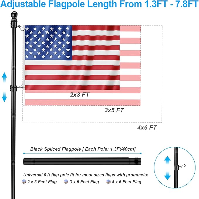 7 FT Flag Pole Kit for Outside House Porch Wall Mounted with 2-Position Bracket Holder & Rotating Metal Flagpole Ring, 1" Spinning Stainless Steel Thicken Flag Poles for 4x6 American Flag(7 FT, Black)